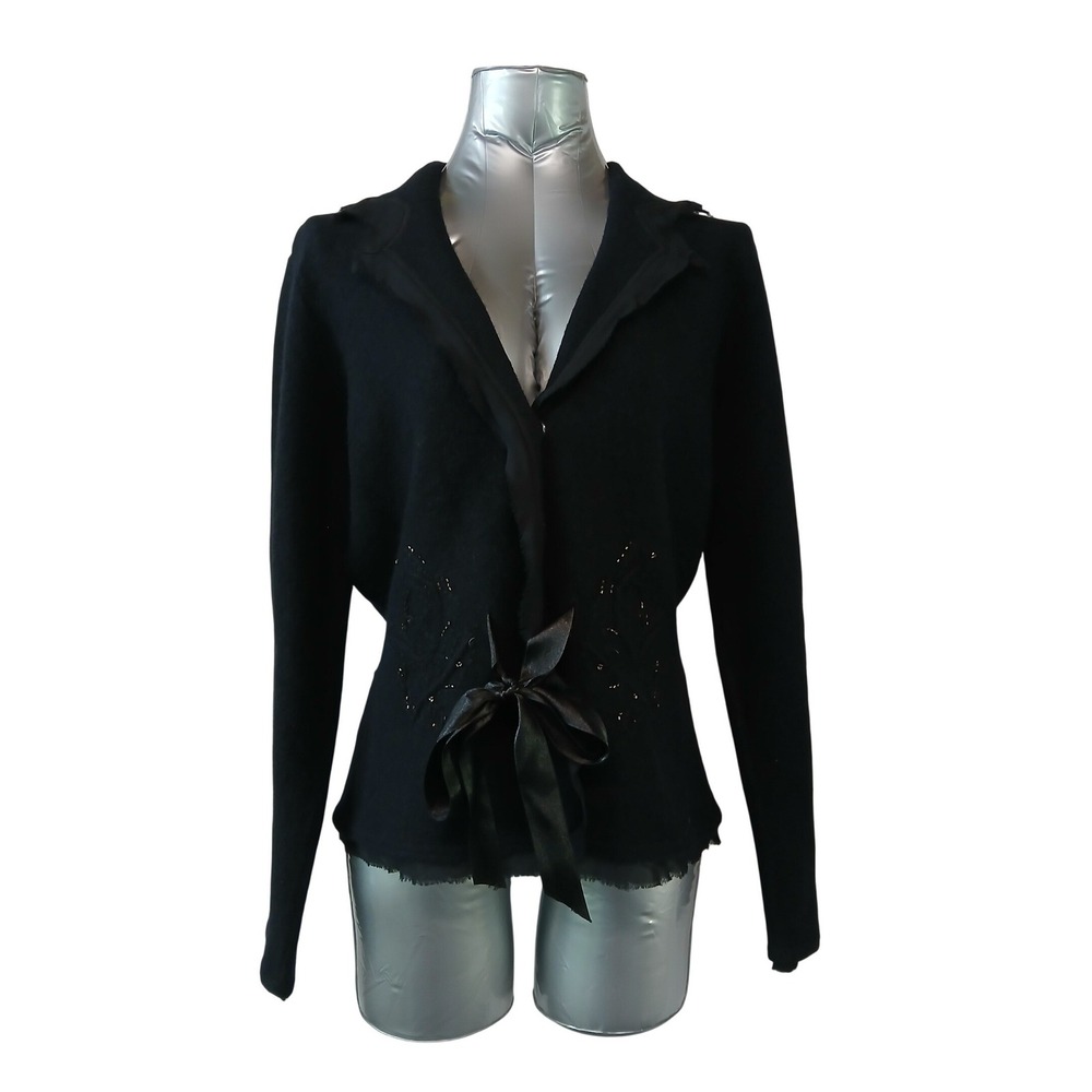 Vintage Y2K i.e. 100% Wool Black Ribbon Tie Cardigan Jacket Beaded Whimsigoth M